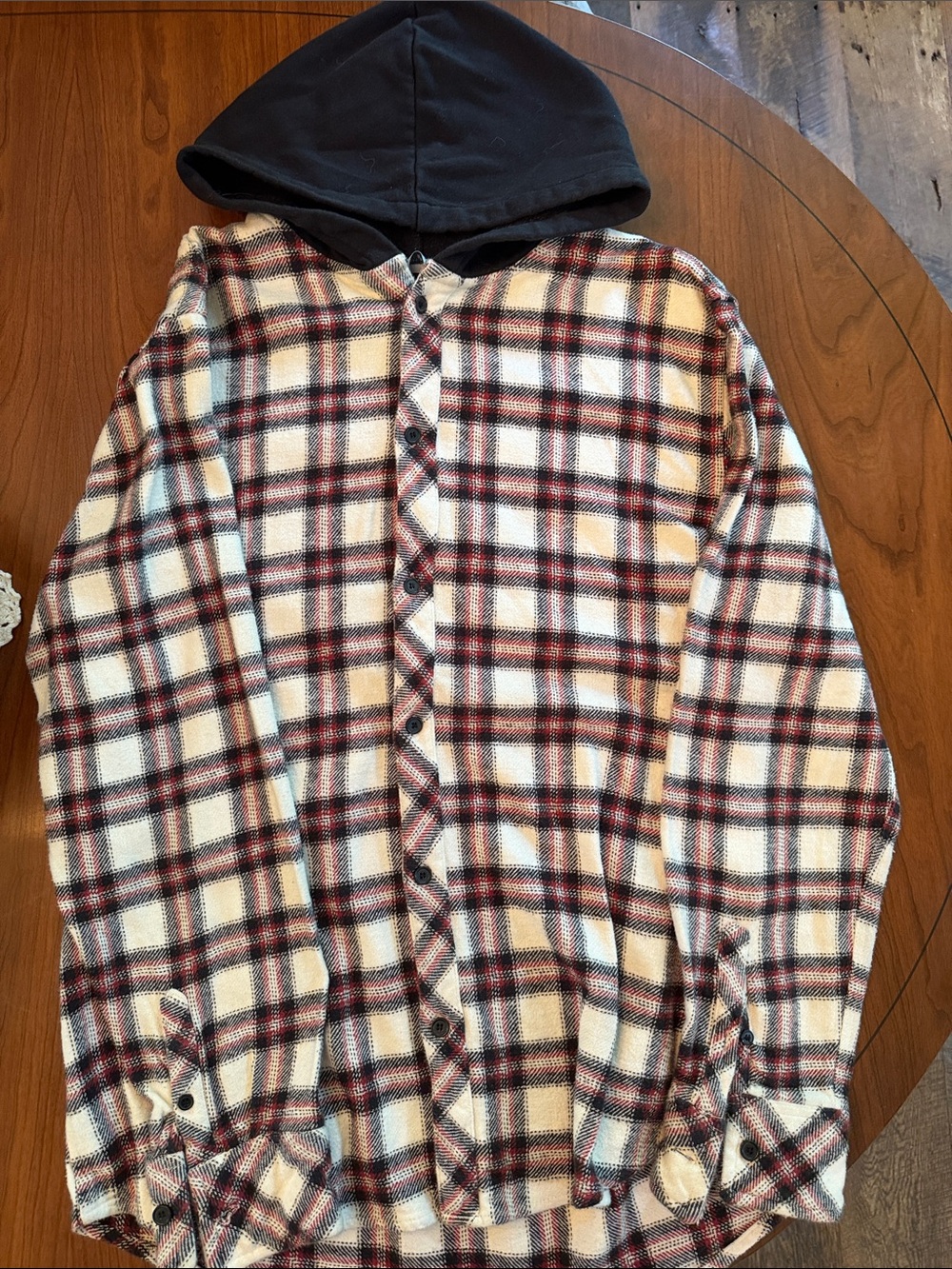 Men's Hooded Plaid Cardigan Sweater - Cream & Red Plaid